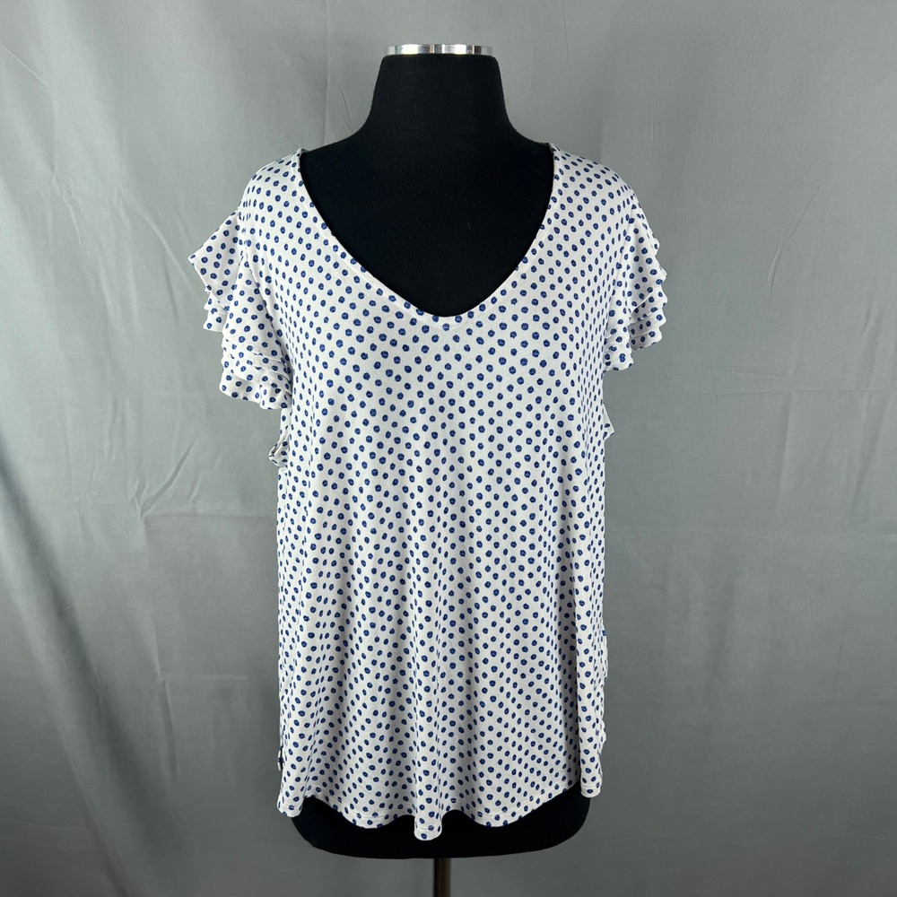 Premise Blouse Top Womens 1X White Blue Polka Dot Stretch V Neck Flutter Sleeve